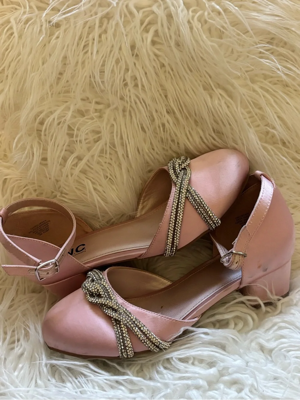 INC International Concepts Blush Pink Ankle-Strap Heels with Rhinestone Braid